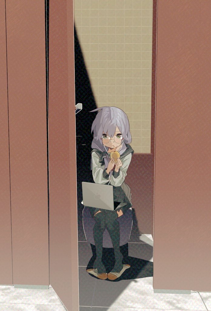 1girl, computer, earphones, eating, glasses, green_eyes, grey_hair, hair_ornament