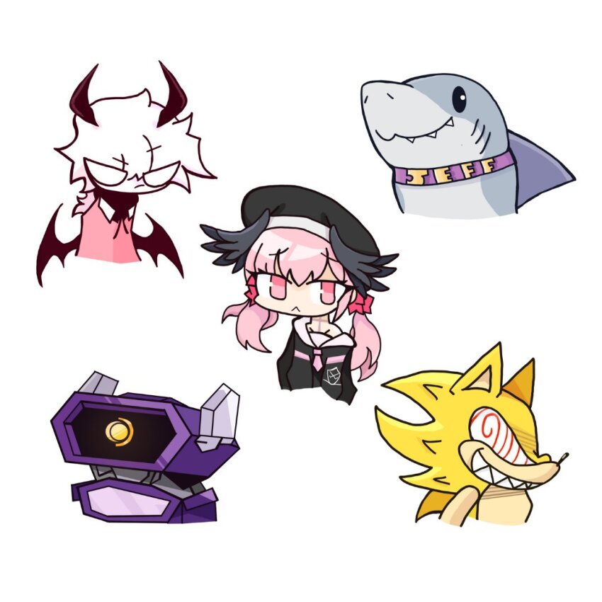 1girl, 4boys, acrokris, angel_wings, blue_archive, commentary_request, super_sonic_(sonic_the_comic), friday_night_funkin'