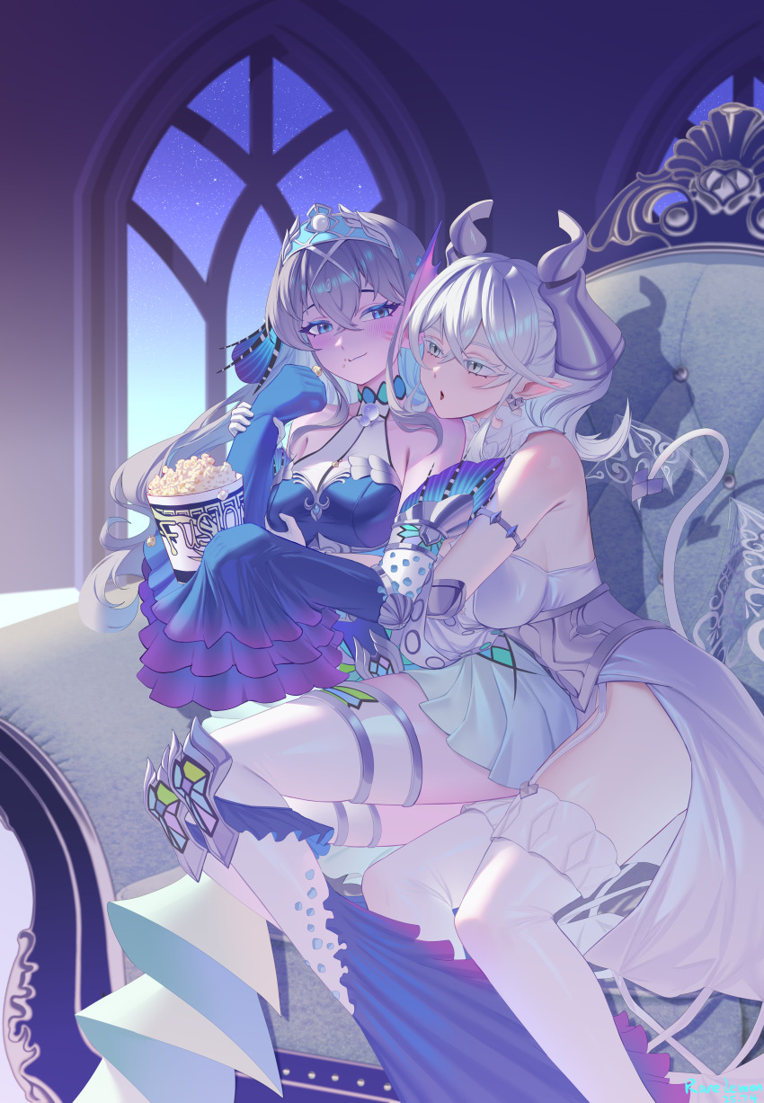 2girls, absurdres, bare_shoulders, blue_dress, blush, breasts, chinese_commentary, commentary_request