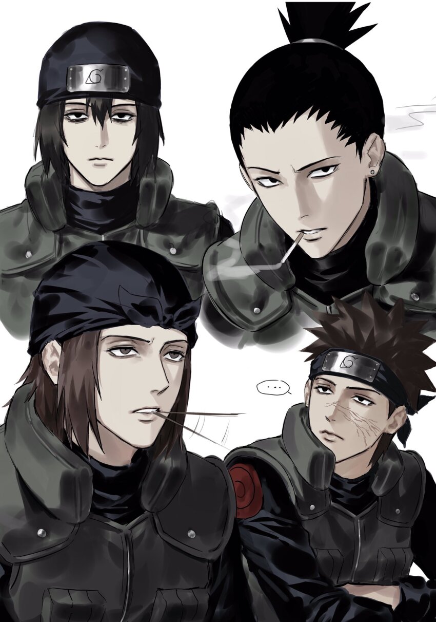 ..., 4boys, black_eyes, black_hair, brown_eyes, brown_hair, cigarette, commentary_request