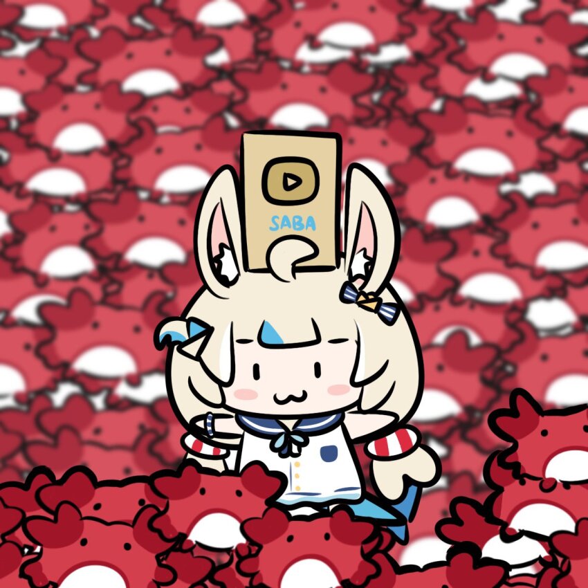 1girl, blonde_hair, chibi, crab, gold_creator_award, highres, indie_virtual_youtuber, kaniki_(sameko_saba)