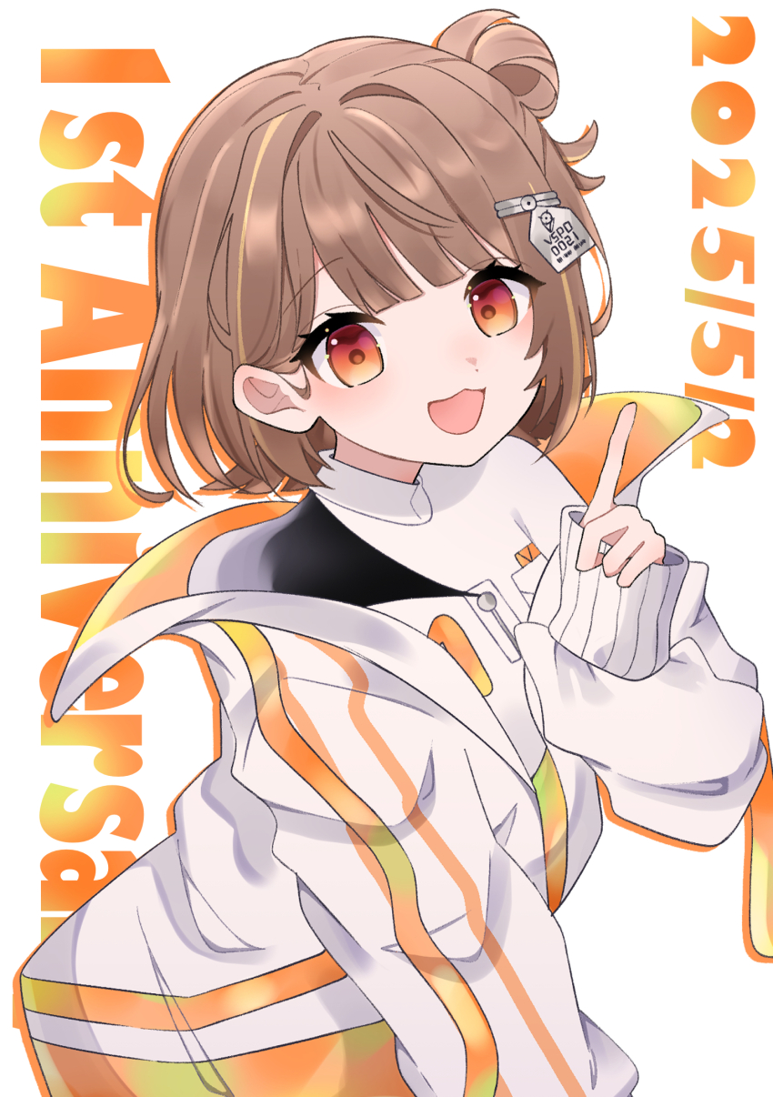 1girl, blush, brown_hair, dated, hair_ornament, hanase, highres, jacket, looking_at_viewer, multicolored_hair, open_mouth, orange_eyes, sendo_yuuhi, shirt, solo, streaked_hair, virtual_youtuber, vspo!, vspo!_showdown, white_background