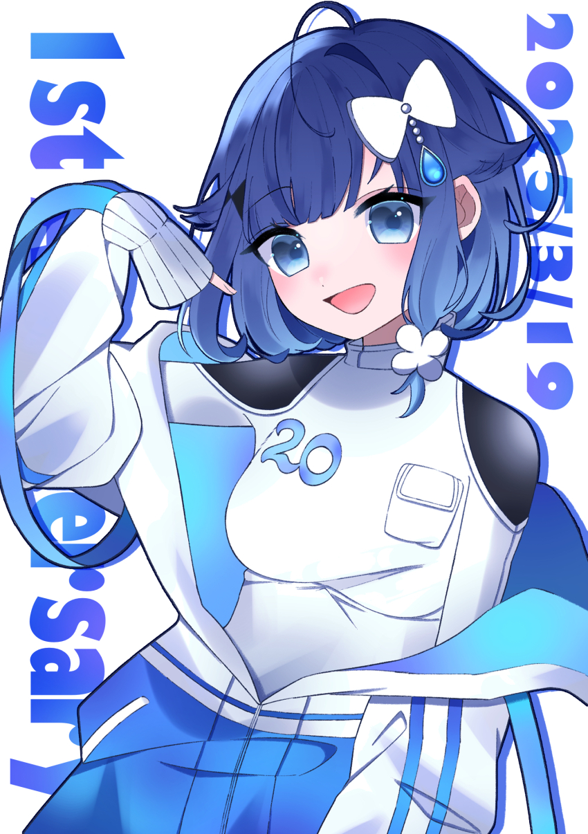 1girl, blue_eyes, blue_hair, blush, dated, hair_ornament, hanase, highres, jacket, looking_at_viewer, open_clothes, open_jacket, open_mouth, shirt, solo, tsumugi_kokage, virtual_youtuber, vspo!, vspo!_showdown, white_background