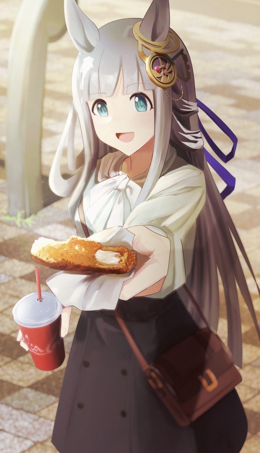 1girl, absurdres, animal_ears, bag, blue_eyes, blunt_bangs, blurry, blurry_background