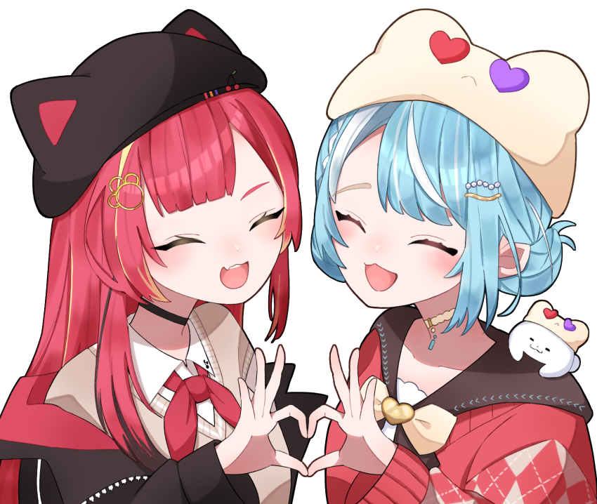 2girls, animal_hat, black_choker, black_hair, black_hat, blonde_hair, blue_hair, blush