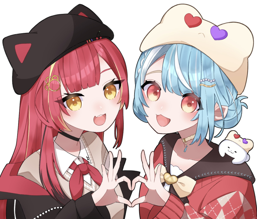 2girls, animal_hat, black_choker, black_hair, black_hat, blonde_hair, blue_hair, blush