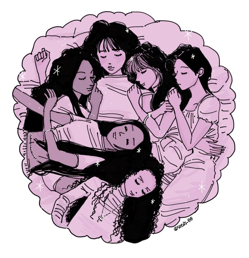 6+girls, black_hair, bracelet, closed_eyes, curly_hair, daniela_(katseye), highres, jewelry