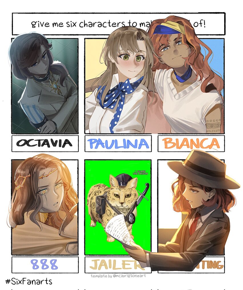 5girls, 888_(reverse:1999), arm_on_another's_shoulder, arm_tattoo, backlighting, belt_pouch, bianca_(reverse:1999), black_hat