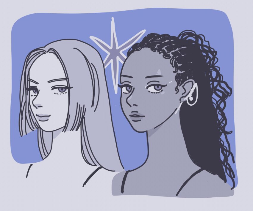 2girls, black_hair, blue_background, blue_theme, border, braid, closed_mouth, commentary