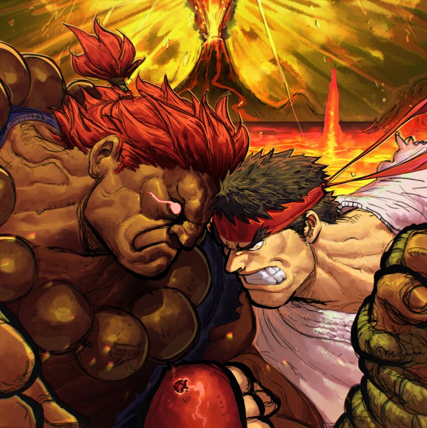 2boys, absurdres, akuma_(street_fighter), artist_collaboration, clenched_teeth, dark-skinned_male, dark_skin, eruption, frown, glowing, glowing_eyes, groovy_(docilebread), headband, highres, kyo_yukanna, lava, multiple_boys, muscular, muscular_male, red_hair, red_headband, ryu_(street_fighter), street_fighter, street_fighter_ii_(series), street_fighter_iv_(series), teeth, upper_body, volcano