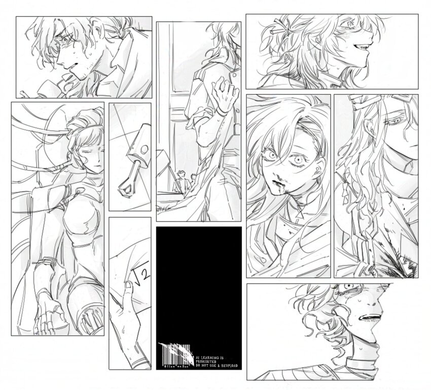 1other, 2boys, 37_(reverse:1999), 3girls, 6_(reverse:1999), :d, android, blood, choker, circlet, coat, enigma_(reverse:1999), greyscale, gyujik_qzc, half-closed_eyes, highres, holding, holding_paper, joints, lineart, long_hair, looking_at_viewer, lucy_(reverse:1999), medicine_pocket, monochrome, multiple_boys, multiple_girls, nosebleed, open_mouth, paper, piston, profile, reverse:1999, robot_girl, robot_joints, scared, sharp_teeth, short_hair, smile, sophia_(reverse:1999), sweat, teeth