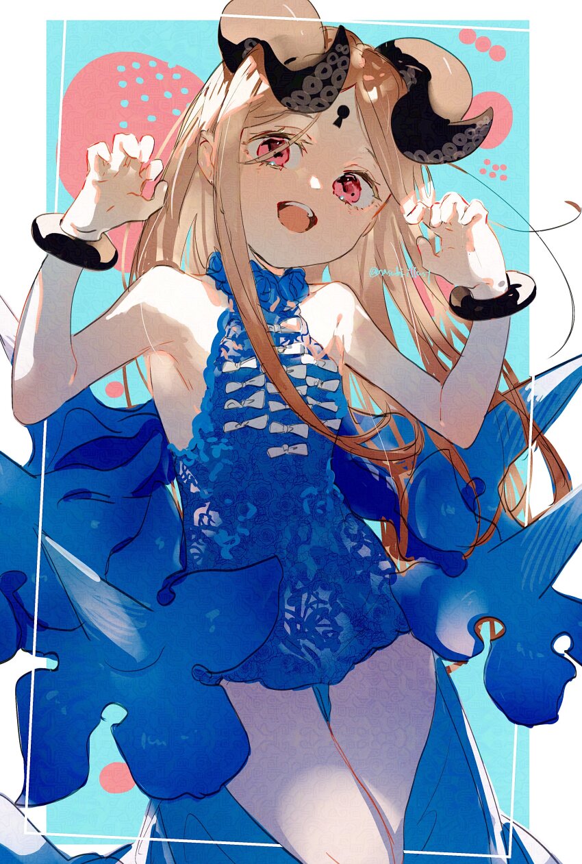 1girl, abigail_williams_(fate), abigail_williams_(celebratory_attire)_(fate), absurdres, adversarial_noise, blonde_hair, blue_dress, claw_pose