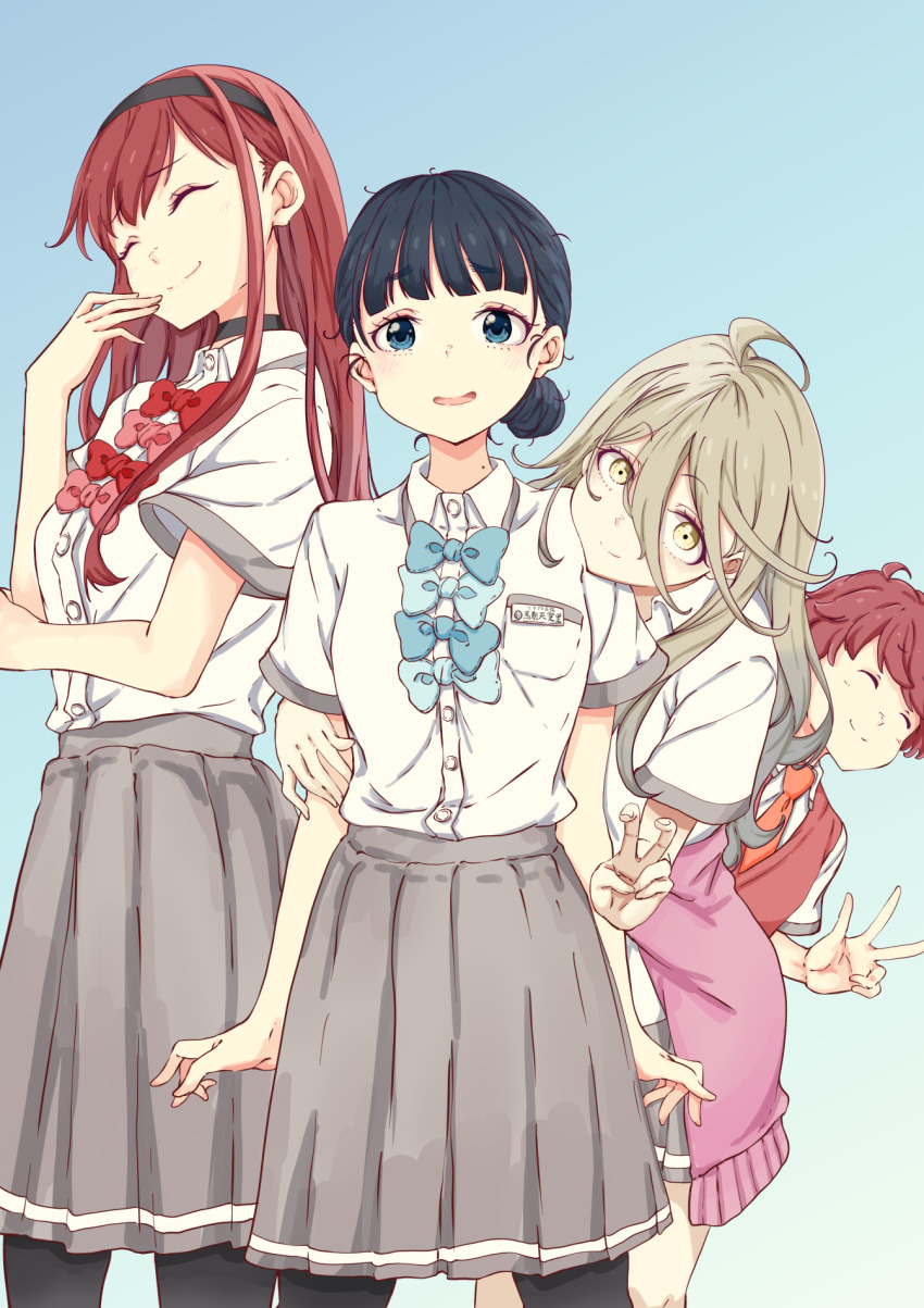 1boy, 3girls, ahoge, basori_tiara, black_hair, black_hairband, black_pantyhose, blonde_hair