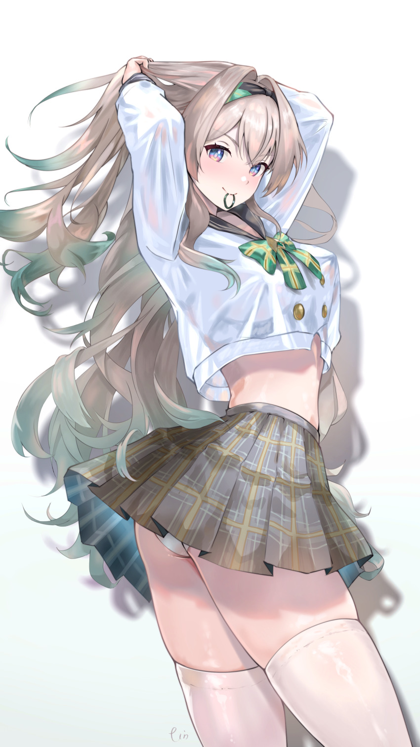 1girl, absurdres, arms_up, black_sailor_collar, brown_hair, brown_skirt, buttons, commentary