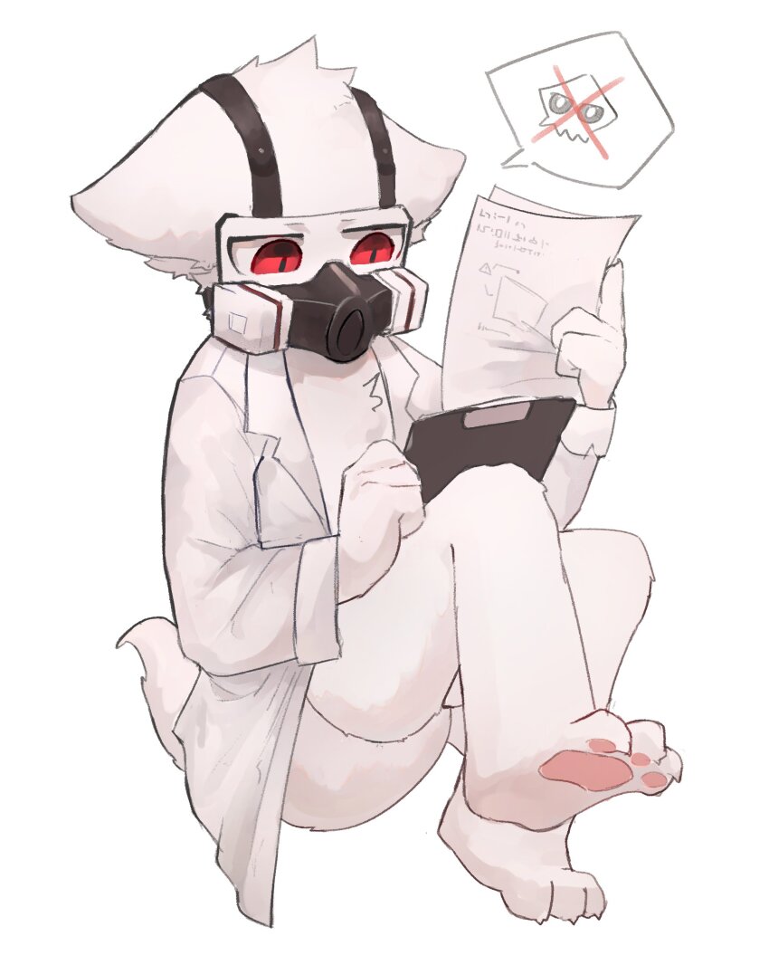 1boy, absurdres, animal_ears, changed, clipboard, crossed_legs, dr_k_(changed), droopy_ears, expressionless, furry, furry_male, gas_mask, highres, holding, holding_clipboard, holding_paper, image_in_speech_bubble, imp0ch1, jacket, lab_coat, mask, naked_lab_coat, open_clothes, open_jacket, paper, pawpads, red_eyes, respirator, sitting, slit_pupils, spoken_x, tail, white_background, white_fur, wolf, wolf_ears, wolf_tail
