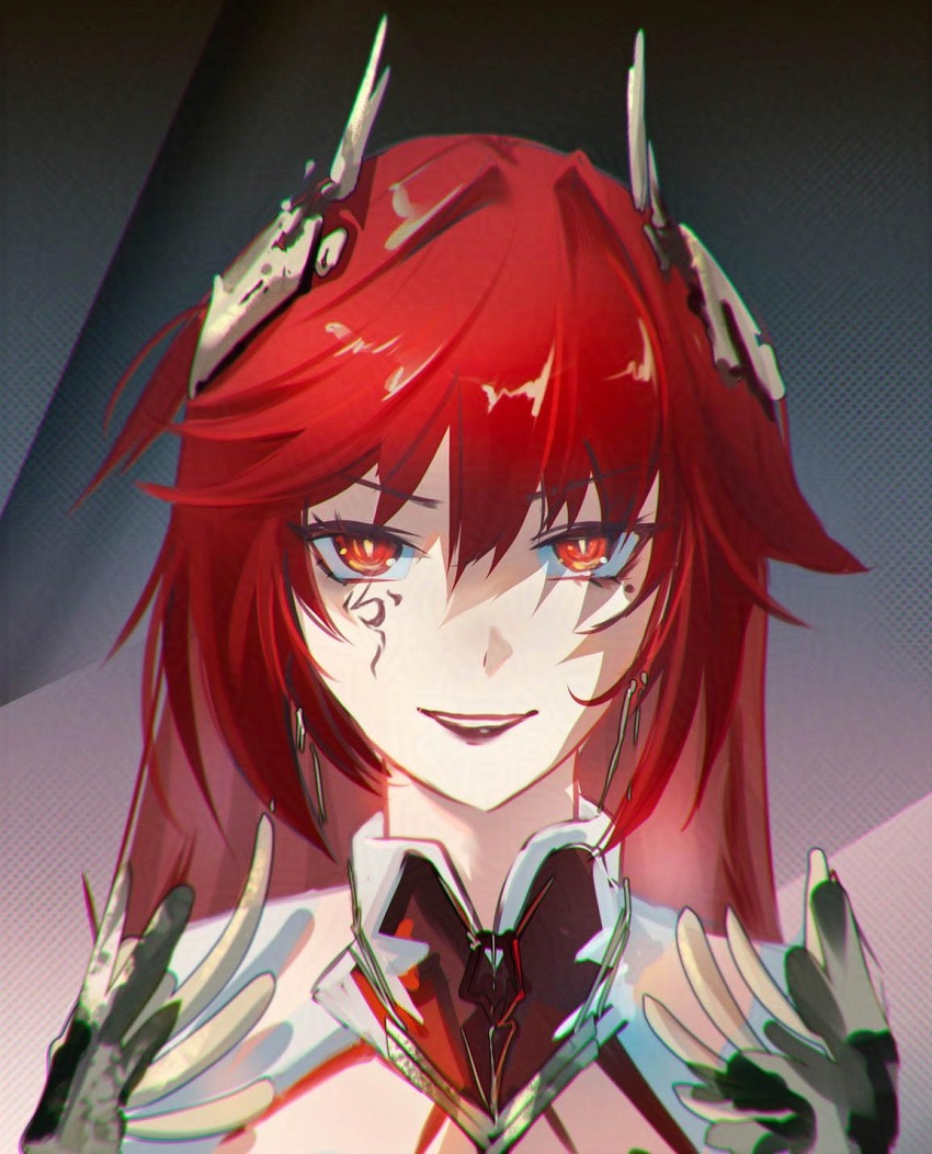 1girl, chromatic_aberration, commentary, facial_mark, headgear, heavy_chromatic_aberration, hewaje, highres