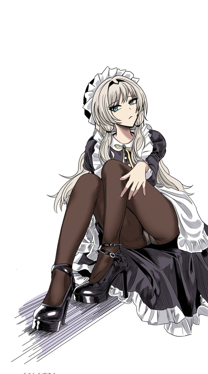 1girl, alternate_costume, an-94_(girls'_frontline), apron, aqua_eyes, black_pantyhose, blonde_hair, breasts