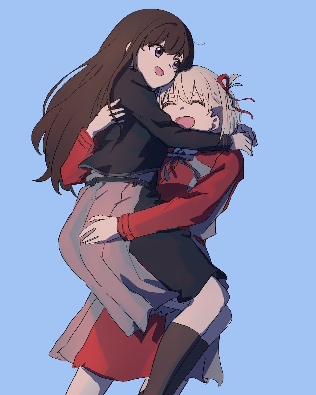 2girls, black_dress, black_hair, black_socks, blonde_hair, blue_ribbon, carrying, carrying_person