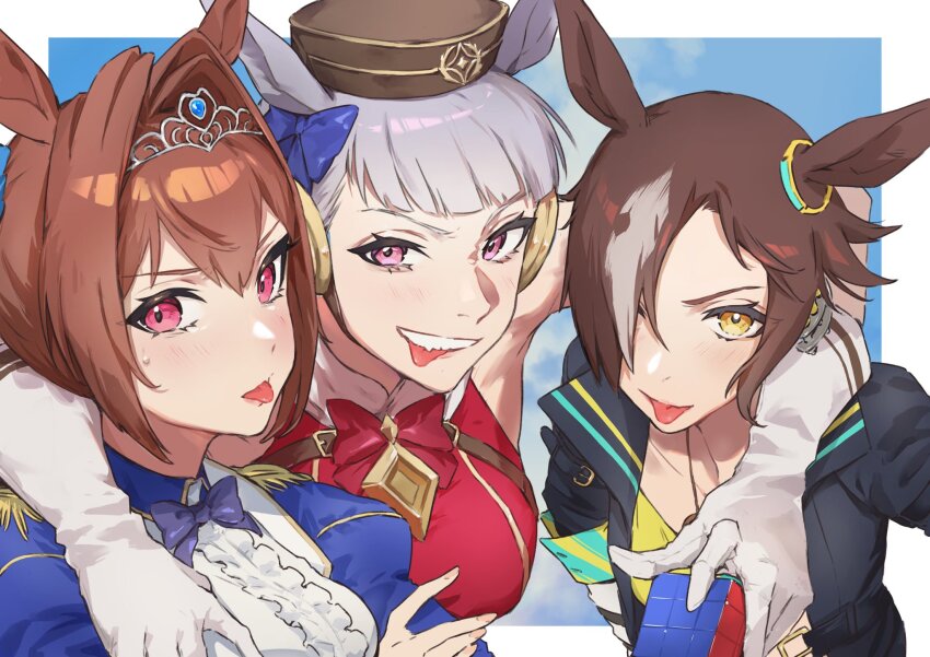 3girls, animal_ears, arm_around_shoulder, blue_bow, blush, bow, breasts, brown_hair