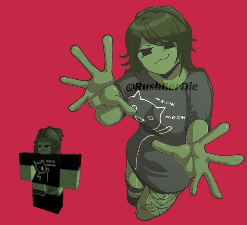 1girl, :3, black_shirt, black_thighhighs, closed_mouth, colored_skin, commentary, commission