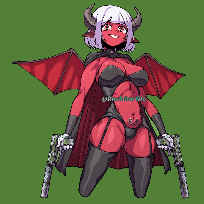1girl, astaria_(miss_neko), black_cape, black_thighhighs, blunt_bangs, bob_cut, cape, clothing_cutout, colored_skin, commentary, commission, counter-strike_(series), counter-strike_2, cowboy_shot, demon_girl, demon_horns, demon_wings, dual_wielding, english_commentary, garter_straps, green_background, grey_horns, grin, gun, h&amp;k_usp, handgun, heart, heart-shaped_pupils, highres, holding, holding_gun, holding_weapon, horns, hugo_(rushbordie), looking_at_viewer, miss_neko, navel, pubic_tattoo, red_cape, red_eyes, red_skin, red_wings, short_hair, simple_background, smile, solo, stomach_cutout, suppressor, symbol-shaped_pupils, tattoo, thighhighs, two-sided_cape, two-sided_fabric, weapon, white_hair, wings