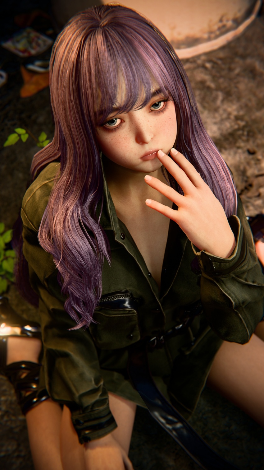 1girl, 3d, black_shoes, closed_mouth, female_focus, freckles, green_eyes, highres