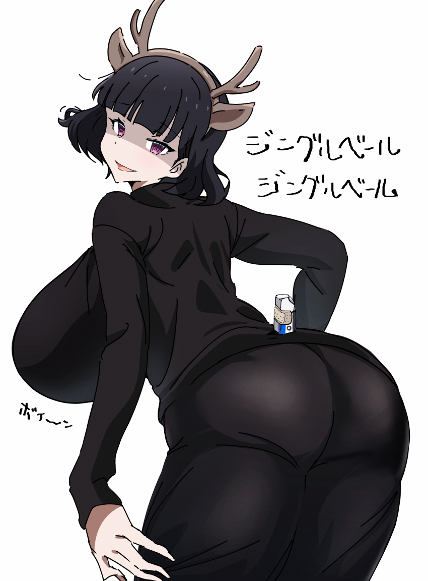 1girl, absurdres, ass, ass_focus, bandaid, bandaid_on_object, bending, black_hair, black_shirt, black_skirt, black_sweater, blunt_bangs, breasts, eraser, fake_antlers, goumonsha, highres, huge_breasts, kurokirishima_yui_(goumonsha), long_skirt, long_sleeves, looking_at_viewer, original, purple_eyes, shirt, short_hair, skirt, solo, sweater