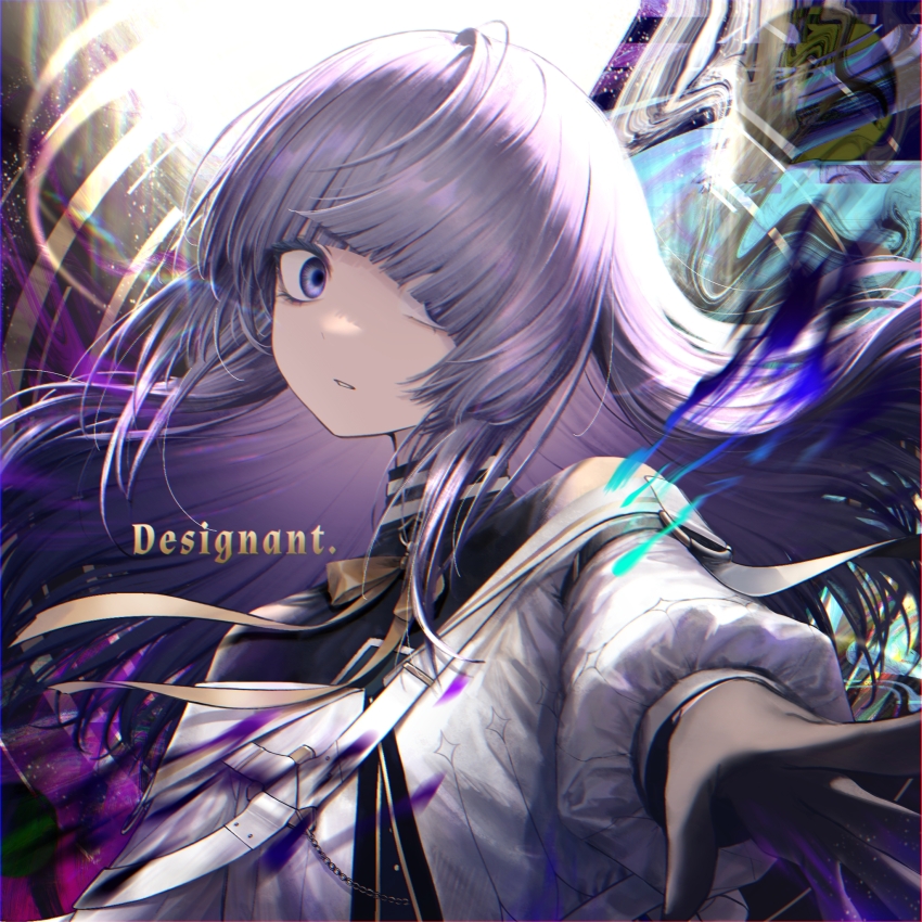 1girl, arcaea, black_gloves, bow, gloves, hair_between_eyes, hair_over_one_eye, highres, insight_(arcaea), insight_(designant)_(arcaea), jewelry, long_sleeves, portrait, purple_eyes, reaching, reaching_towards_viewer, shirt, solo, user_ndaj3532, white_hair, white_shirt, yellow_bow