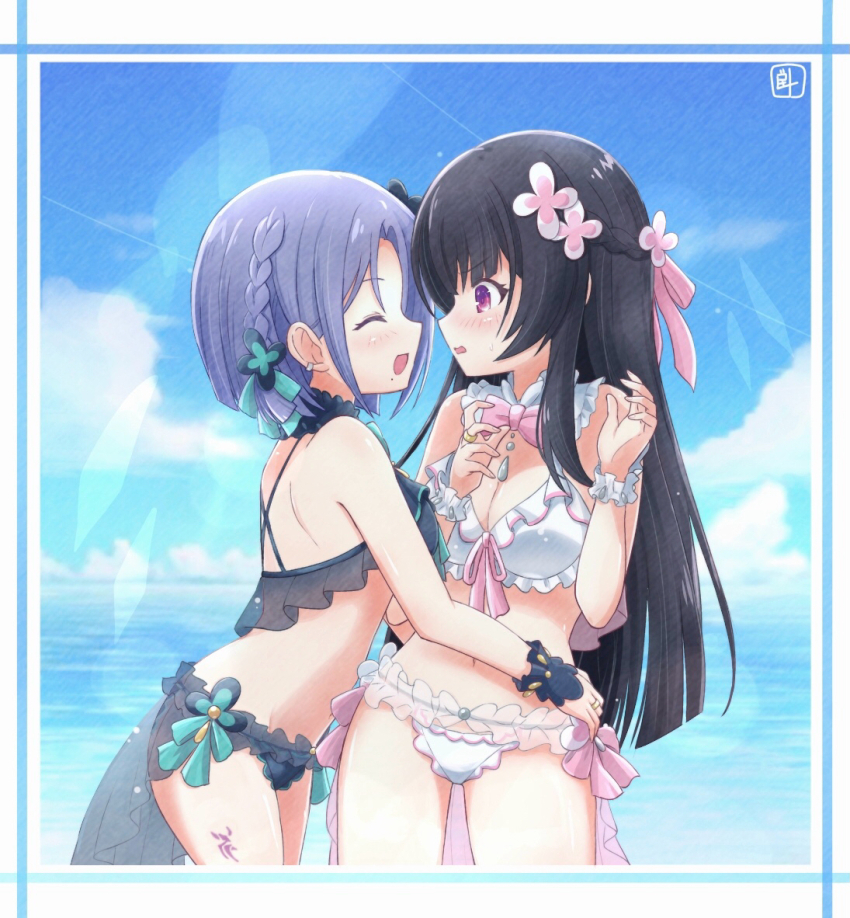 2girls, :d, ^_^, aqua_flower, aqua_ribbon, artist_name, assault_lily, bare_arms, bare_shoulders, bikini, black_bikini, black_collar, black_flower, black_sarong, blue_sky, blunt_bangs, blunt_ends, blush, bob_cut, border, bow, bowtie, braid, breasts, cleavage, closed_eyes, cloud, collar, commentary_request, day, ear_piercing, face-to-face, facing_another, flower, frilled_bikini, frilled_collar, frills, front-tie_bikini_top, front-tie_top, hair_behind_ear, hair_flower, hair_ornament, hair_ribbon, half_up_braid, hands_up, horizon, hug, inoguchi_minto, jewelry, kagawa_makina, leg_tattoo, light_particles, long_hair, looking_at_another, medium_breasts, mole, mole_under_mouth, morimoto_yuni, multiple_girls, navel, ocean, official_alternate_costume, official_alternate_hairstyle, open_mouth, outdoors, parted_bangs, parted_lips, piercing, pink_bow, pink_bowtie, pink_flower, pink_ribbon, pink_sarong, profile, purple_eyes, purple_hair, ribbon, ring, sarong, see-through_bikini, see-through_clothes, see-through_sarong, short_hair, side_braid, sidelocks, sky, smile, standing, sweatdrop, swimsuit, tattoo, v-shaped_eyebrows, very_long_hair, water, white_bikini, white_border, white_collar, wrist_cuffs, yuri