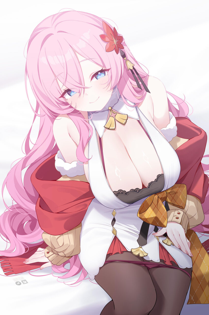 1girl, arm_support, bare_shoulders, black_pantyhose, bow, breasts, brown_bow, brown_cardigan, cardigan, cleavage, closed_mouth, commentary, deyui, dress, hair_between_eyes, head_tilt, highres, kaede_(stella_sora), large_breasts, long_hair, looking_at_viewer, maple_leaf_hair_ornament, off_shoulder, pantyhose, pink_hair, plaid_bow, red_shawl, shawl, sitting, smile, solo, stella_sora, white_dress