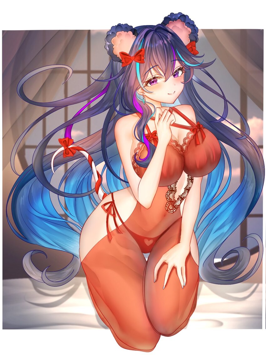 1girl, animal_ears, black_hair, blue_hair, bow, breasts, closed_mouth, colored_inner_hair