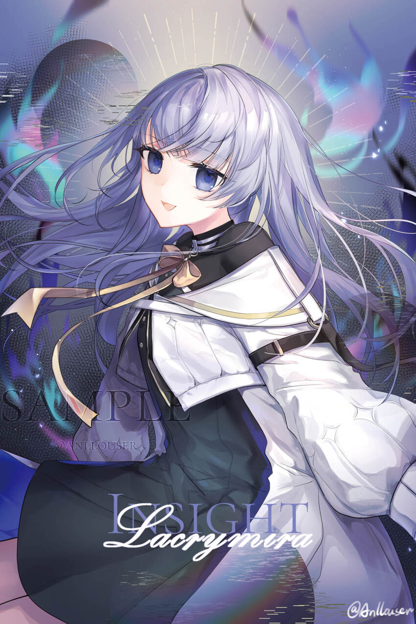 1girl, absurdres, anllouser, arcaea, black_dress, black_pantyhose, blue_eyes, bow