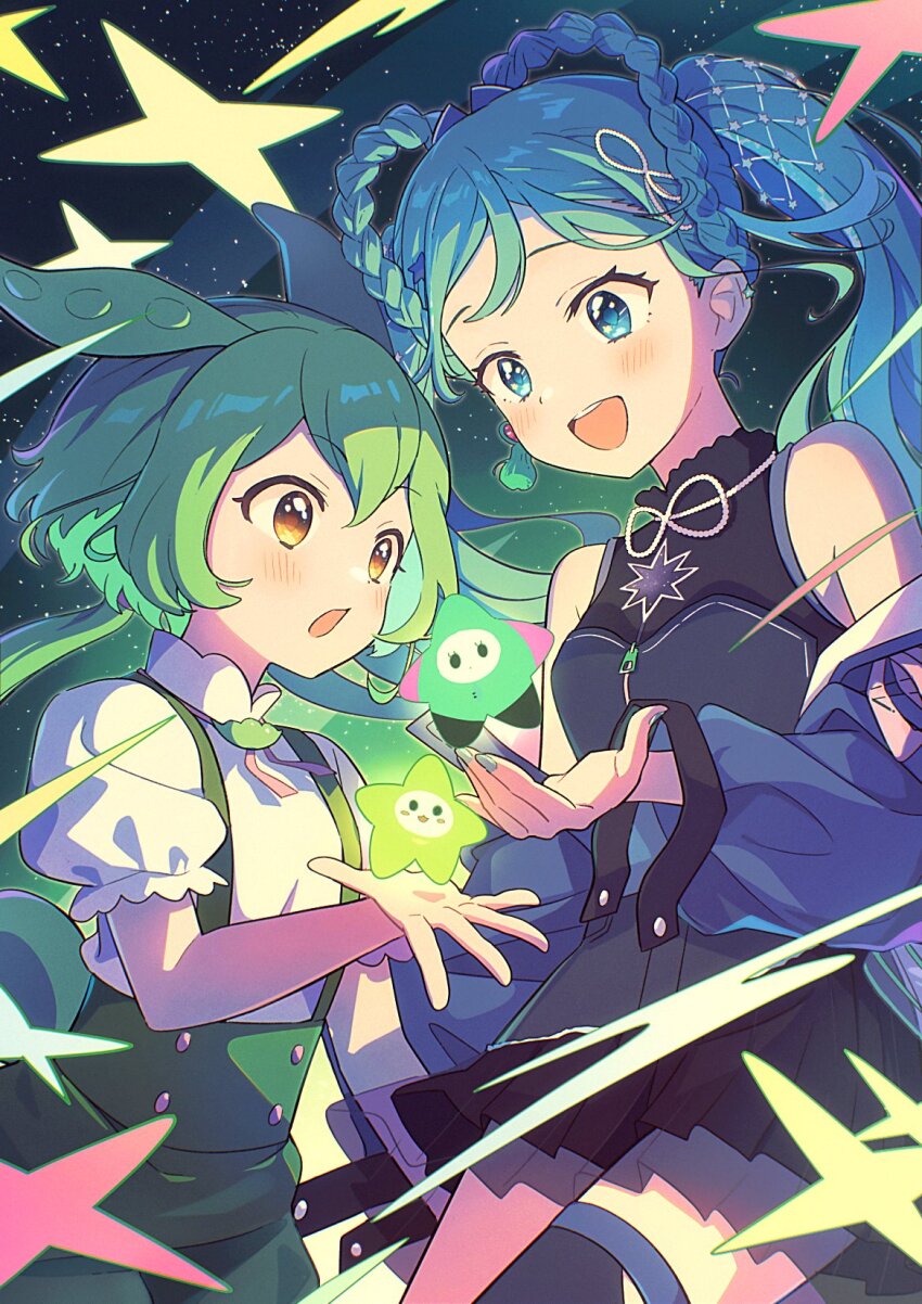 2girls, :d, animal_ears, bare_shoulders, black_shirt, black_skirt, black_thighhighs, blue_hair