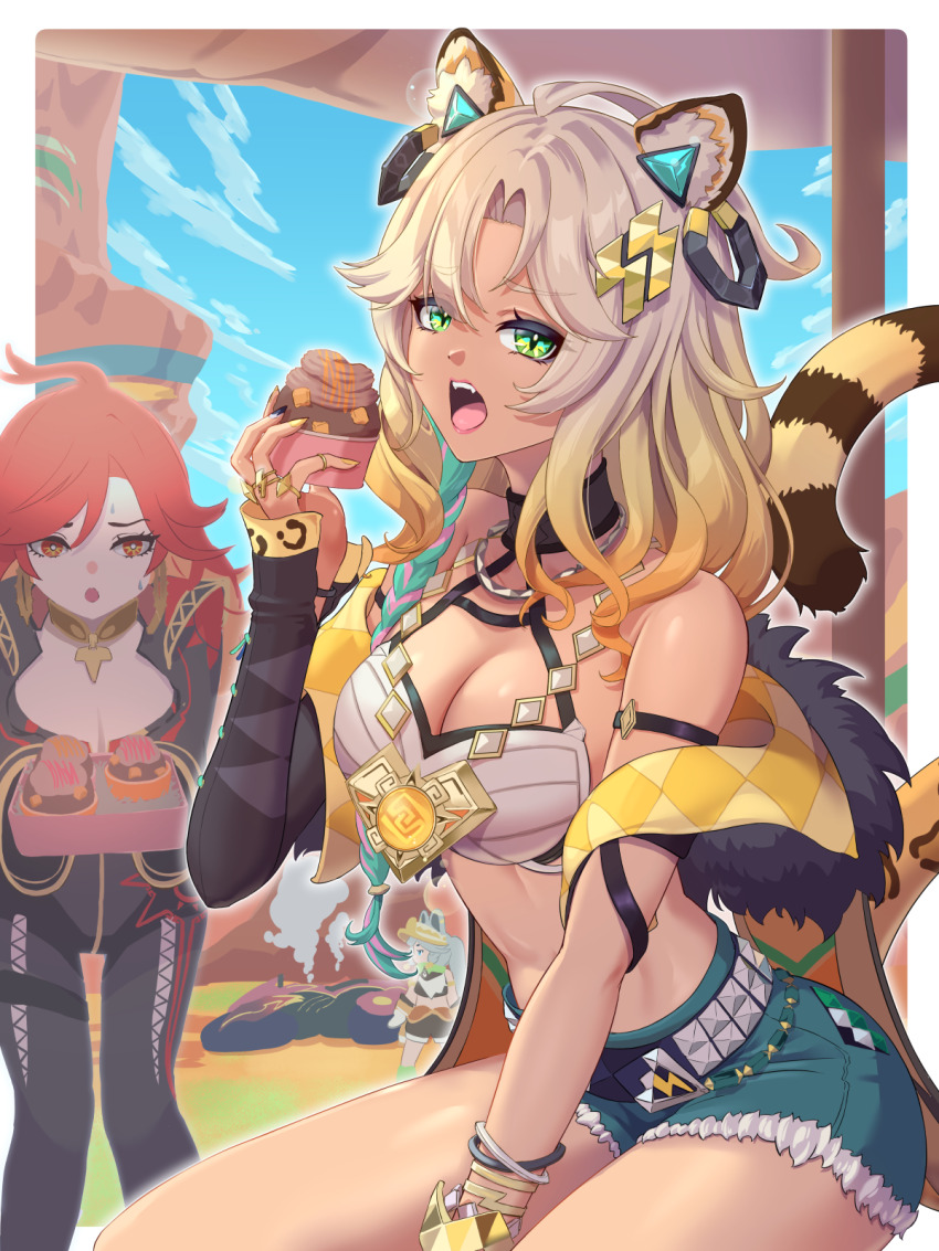 2girls, ahoge, animal_ear_fluff, animal_ears, aqua_shorts, black_bodysuit, black_nails, blonde_hair, blue_sky, bodysuit, bracelet, breasts, bright_pupils, cleavage, cloud, cross-laced_bodysuit, cupcake, food, genshin_impact, green_eyes, hareteruya, highres, jewelry, leaning_forward, lips, mavuika_(genshin_impact), multicolored_nails, multiple_bracelets, multiple_girls, multiple_rings, open_mouth, red_eyes, red_hair, ring, short_shorts, shorts, sky, stomach, sweat, tail, thighs, two-tone_nails, white_pupils, xilonen_(genshin_impact), yellow_nails