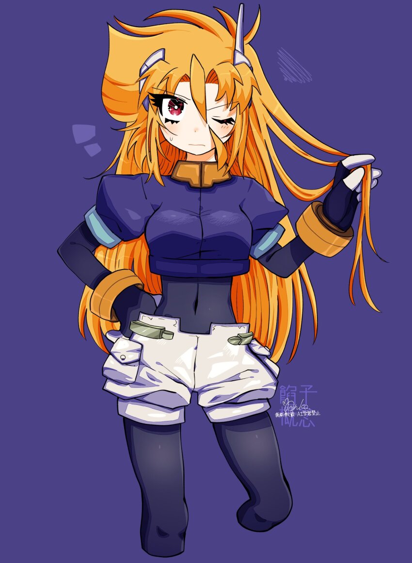 1girl, aile_(mega_man_zx), aile_(mega_man_zx)_(cosplay), black_bodysuit, blonde_hair, blue_background, blue_jacket, bodysuit