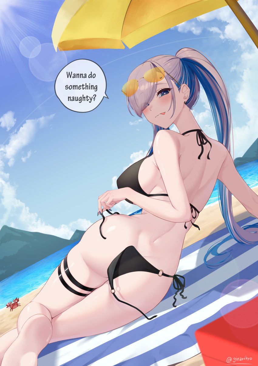 1girl, :p, absurdres, alternate_costume, arm_support, ass, back, barefoot