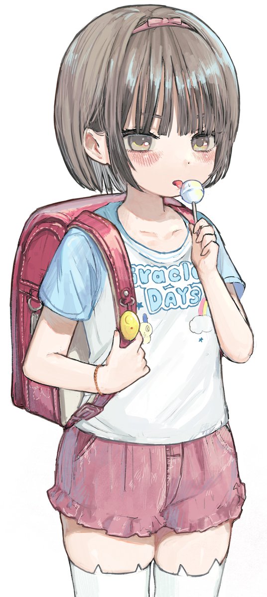 1girl, animal_ear_legwear, backpack, bag, blush, candy, cat_ear_legwear, child, chushui_(izumi617), clothes_writing, crime_prevention_buzzer, english_text, food, highres, holding, holding_candy, holding_food, holding_lollipop, jojifuku, licking, lollipop, original, raglan_sleeves, randoseru, red_bag, shirt, short_sleeves, solo, thighhighs, white_thighhighs