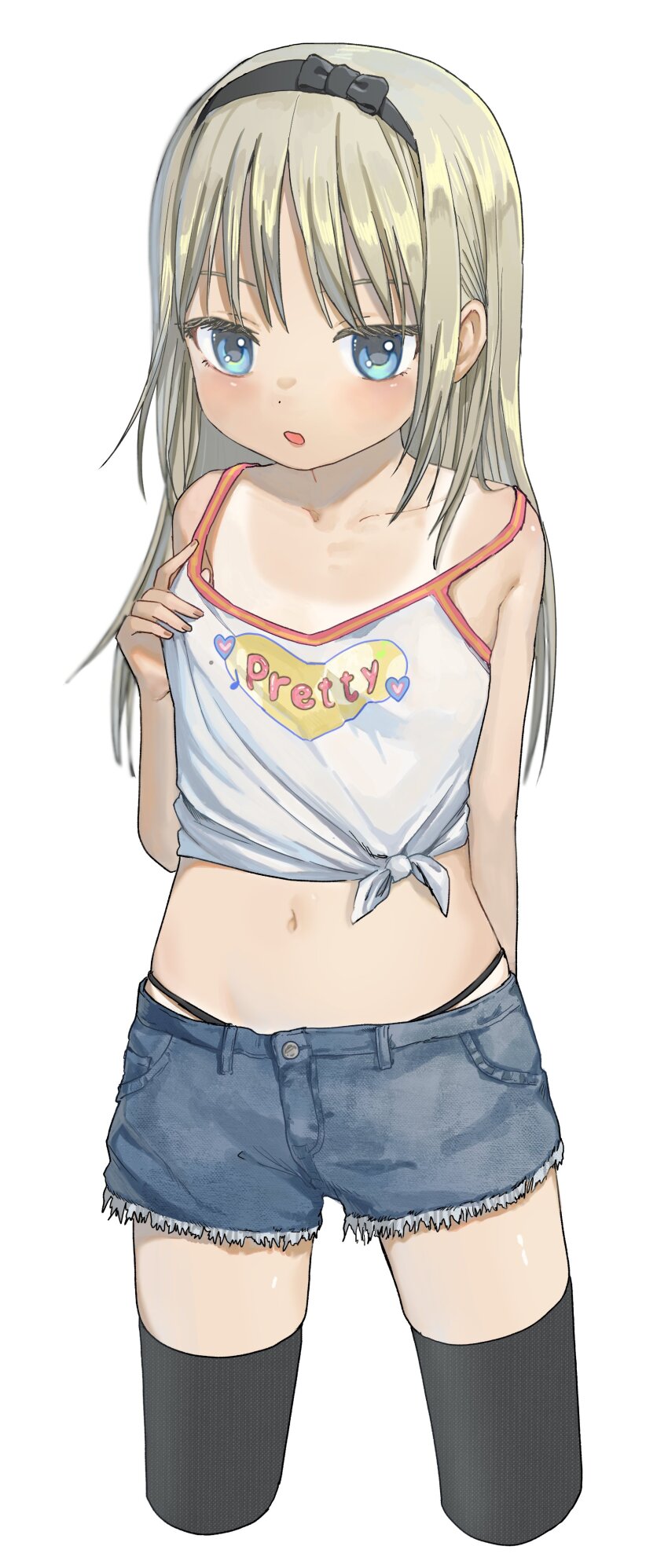 1girl, absurdres, black_panties, black_thighhighs, blue_hair, bow, camisole, camisole_writing