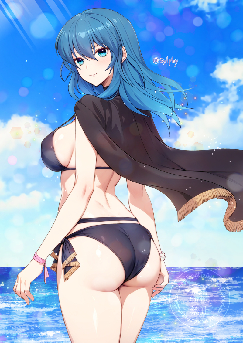 1girl, ass, back, beach, bikini, black_bikini, black_cape, blue_eyes