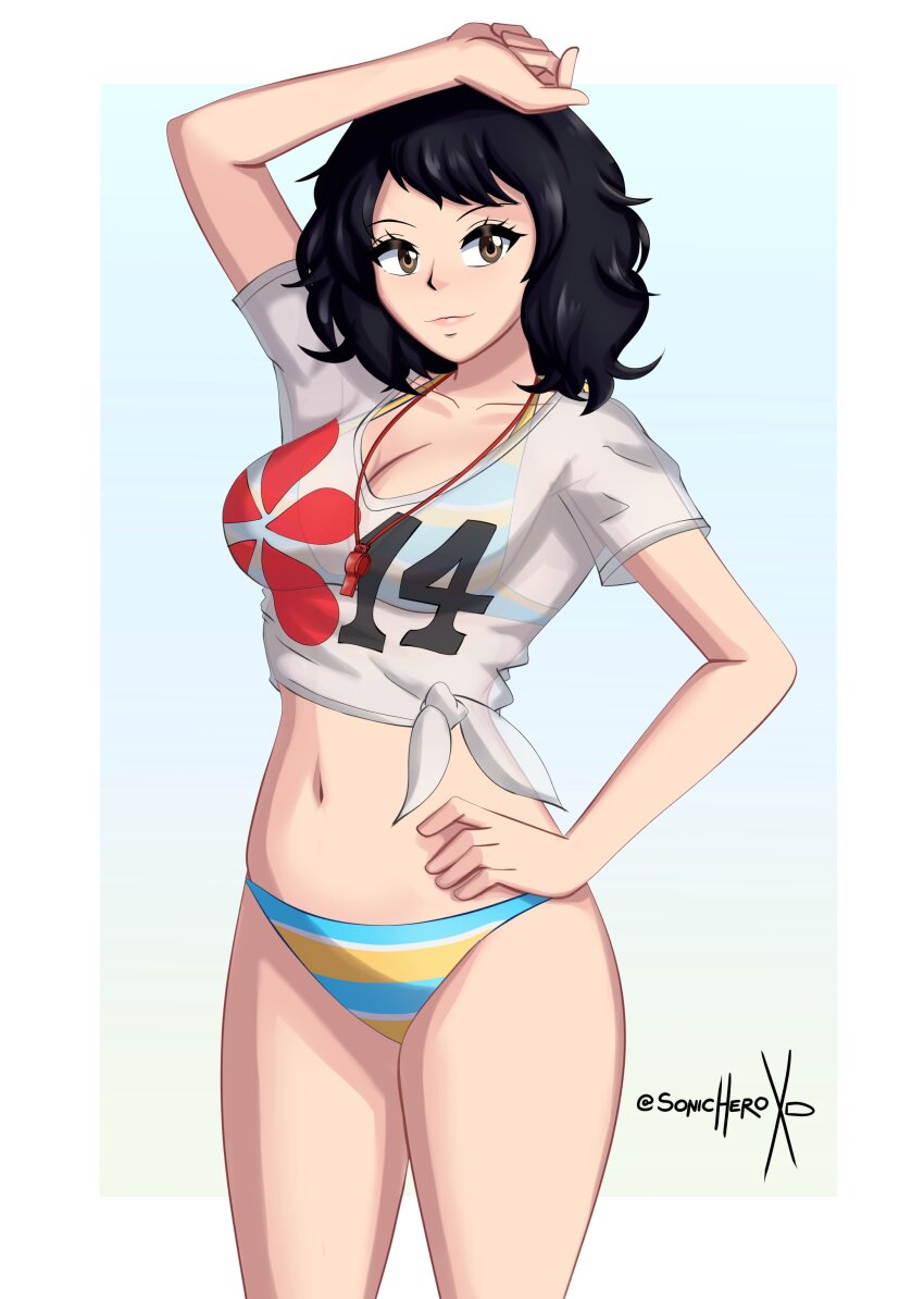 1girl, absurdres, bikini, black_hair, border, breasts, brown_eyes, commentary