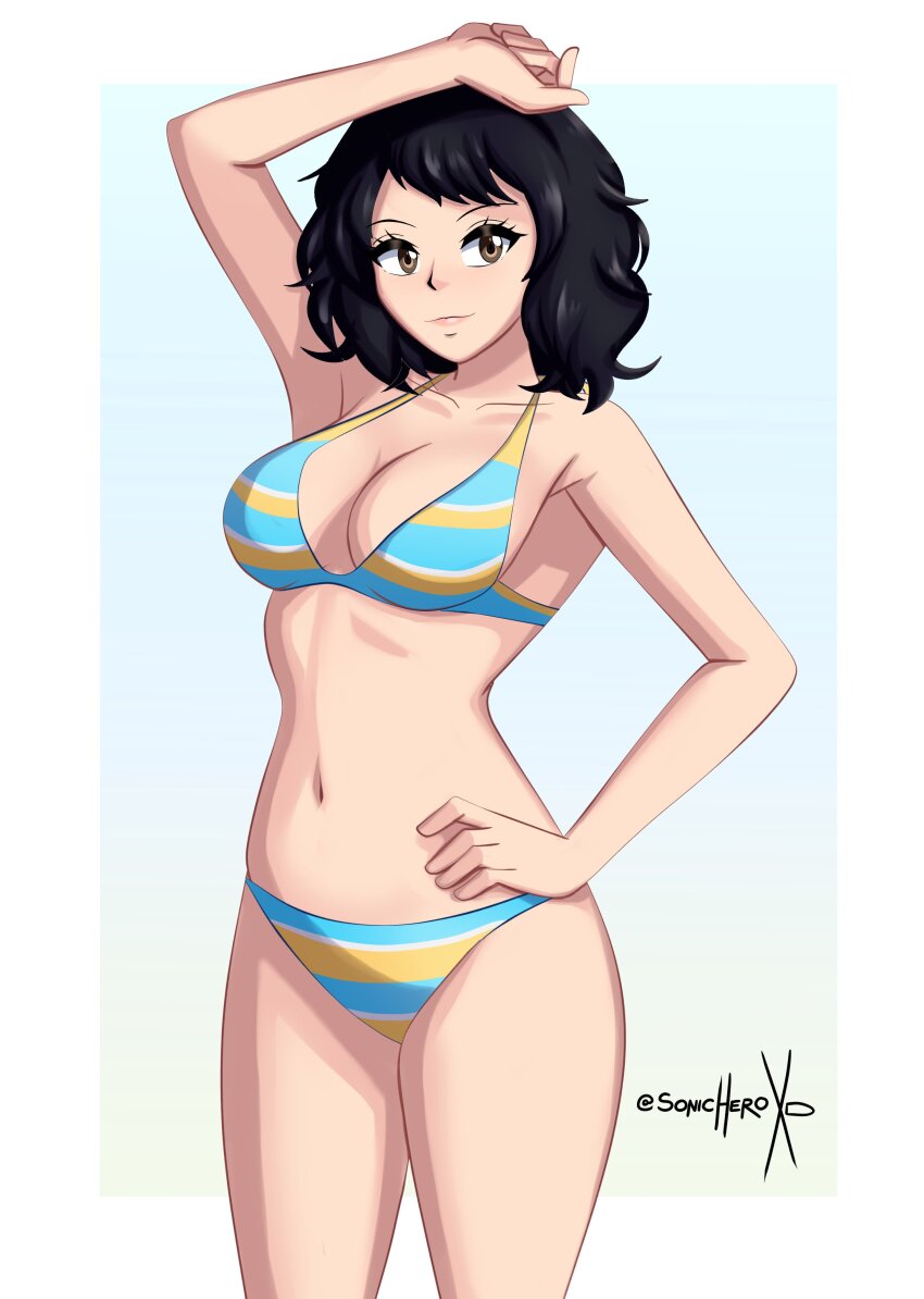 1girl, absurdres, bikini, black_hair, border, breasts, brown_eyes, commentary