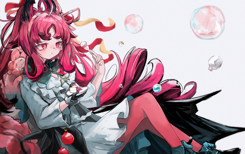 1girl, arknights, black_gloves, black_shoes, blush, bubble, cake, cake_slice