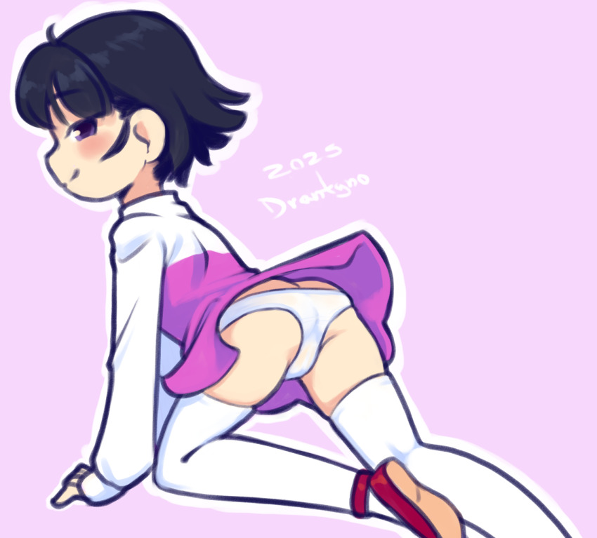 1girl, 2025, 20s, ahoge, all_fours, ass, black_hair, blush