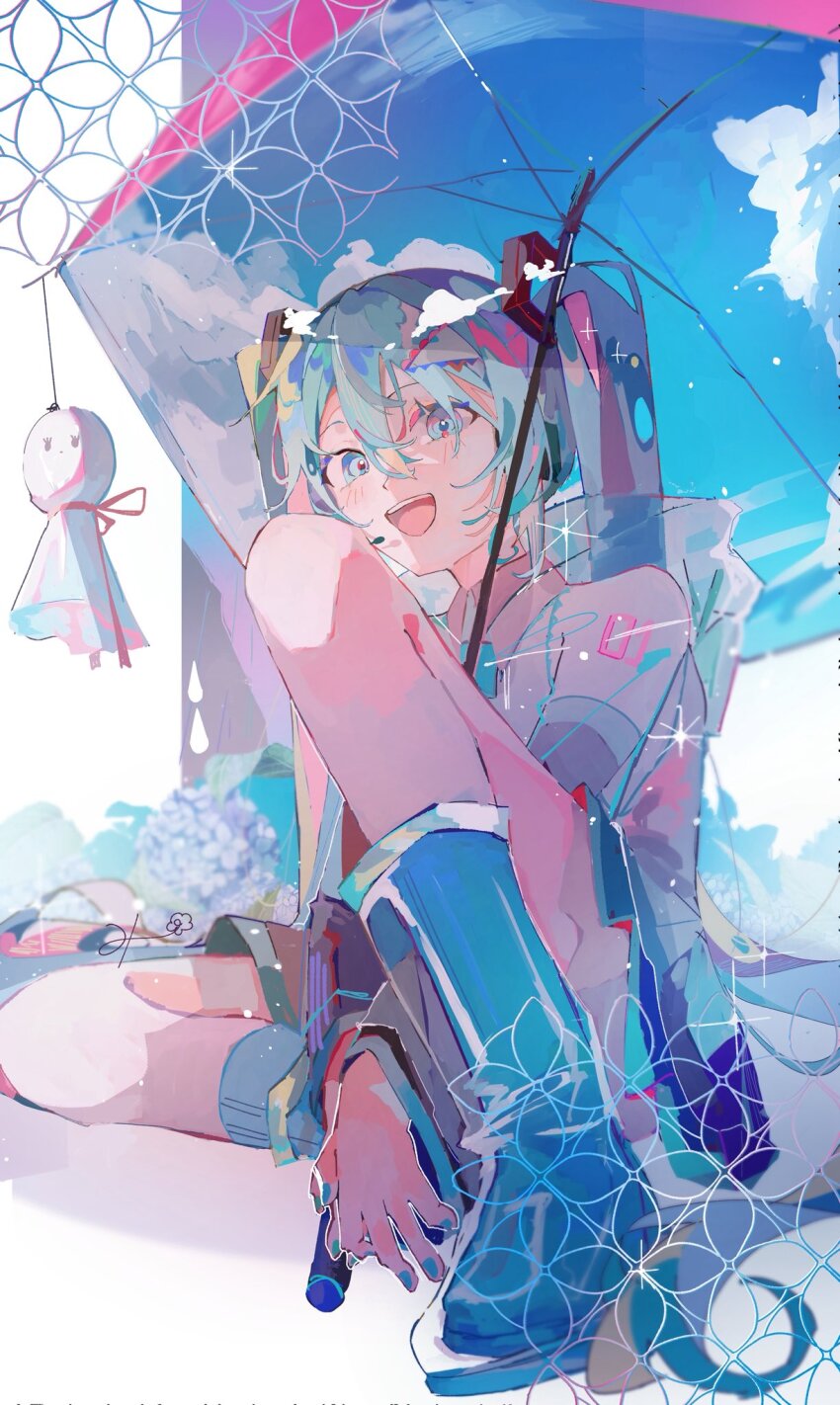 1girl, :d, a_world_underneath, black_ribbon, black_skirt, black_sleeves, blue_boots, blue_eyes