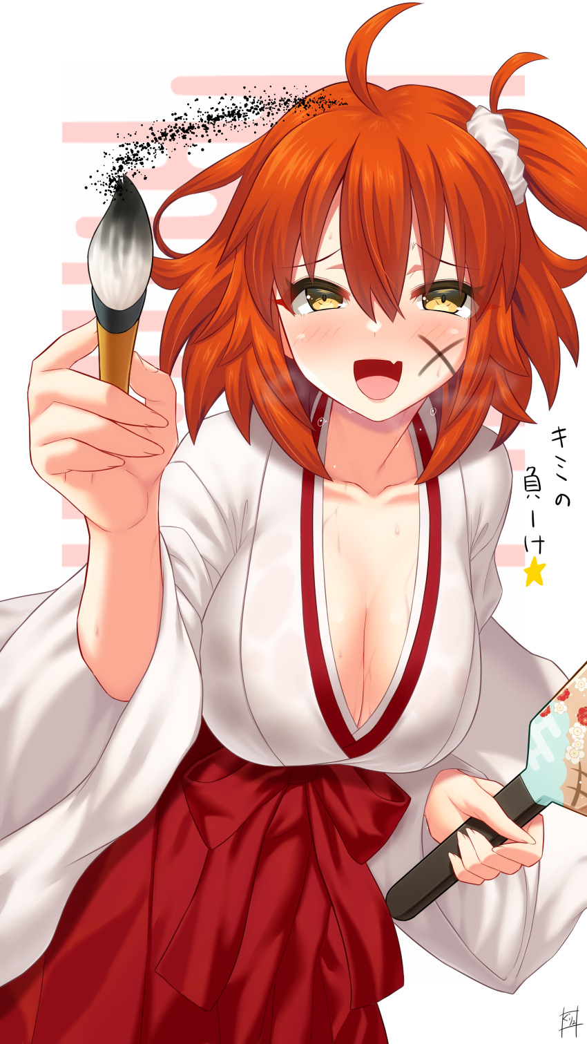 1girl, absurdres, ahoge, blush, breasts, calligraphy_brush, cleavage, facial_mark