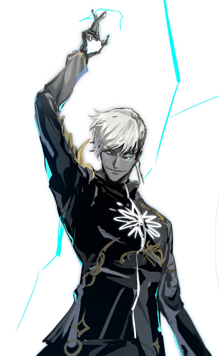 1boy, absurdres, arm_up, black_shirt, blue_eyes, colored_skin, crossed_fingers, earrings, facial_mark, fate/grand_order, fate_(series), fog_fgo, gloves, grey_skin, grin, highres, indra_(fate), jewelry, lightning_bolt_facial_mark, lightning_bolt_symbol, looking_at_viewer, male_focus, shirt, short_hair, simple_background, smile, upper_body, white_background, white_hair