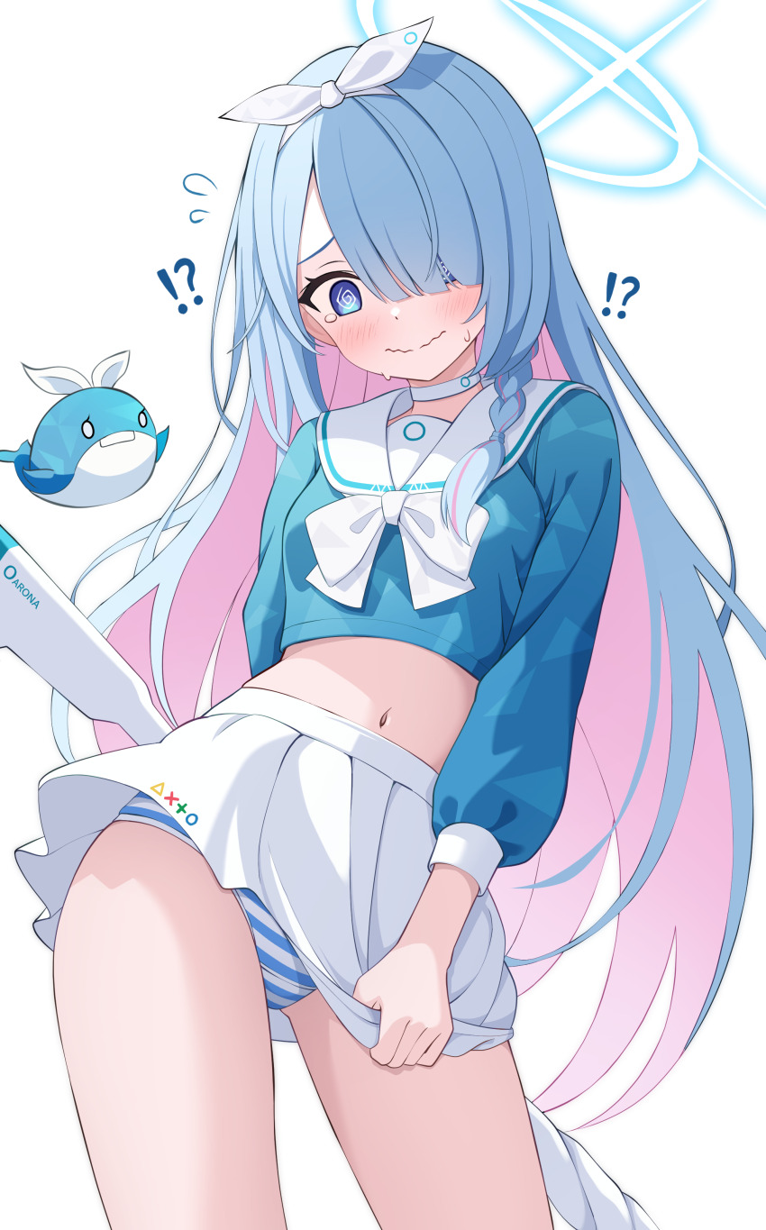 !?, 1girl, @_@, absurdres, alternate_hairstyle, arona_(blue_archive), arona_(blue_archive)_(cosplay), blue_archive, blue_eyes, blue_hair, blue_halo, blue_panties, blush, breasts, choker, closed_mouth, colored_inner_hair, cosplay, cowboy_shot, cropped_shirt, general_student_council_president_(blue_archive), hair_over_one_eye, halo, highres, loli, long_hair, long_sleeves, miniskirt, multicolored_hair, navel, panties, pink_hair, pleated_skirt, puffy_long_sleeves, puffy_sleeves, sailor_collar, shijima_(shijima_tc), simple_background, skirt, small_breasts, solo, striped_clothes, striped_panties, two-tone_hair, undersized_clothes, underwear, very_long_hair, wavy_mouth, white_background, white_choker, white_sailor_collar, white_skirt