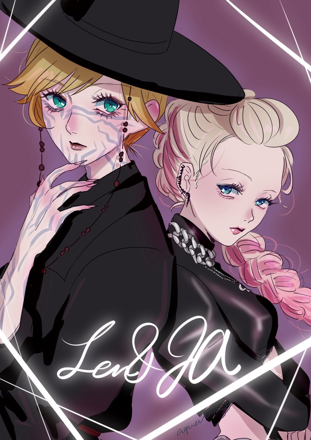 1boy, 1girl, aquarim_(aquarim000), cosplay, highres, ia_(vocaloid), jinu_(kpop_demon_hunters), jinu_(kpop_demon_hunters)_(cosplay)