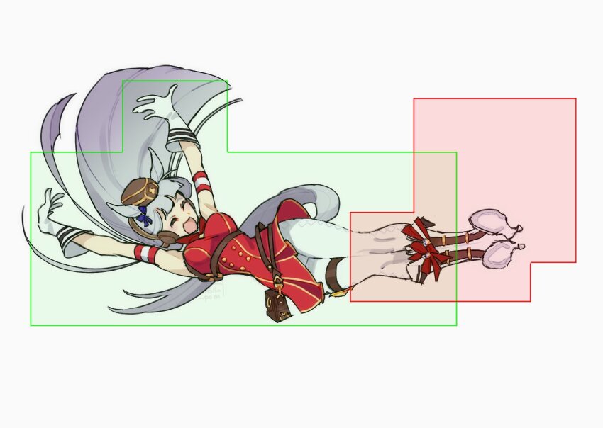 1girl, :d, ^_^, animal_ears, arms_up, blunt_bangs, boots, bow, brown_hat, closed_eyes, dress, ear_bow, ear_covers, ear_ornament, ear_ribbon, flying_kick, full_body, gloves, gold_ship_(red_strife)_(umamusume), gold_ship_(umamusume), hat, high_heels, hitbox, horse_ears, horse_girl, horseshoe, horseshoe_ornament, kicking, o-ring, open_mouth, pants, pillbox_hat, pollo_(pollo_pom), purple_bow, red_bow, red_dress, sleeveless, sleeveless_dress, smile, solo, umamusume, white_boots, white_gloves, white_pants