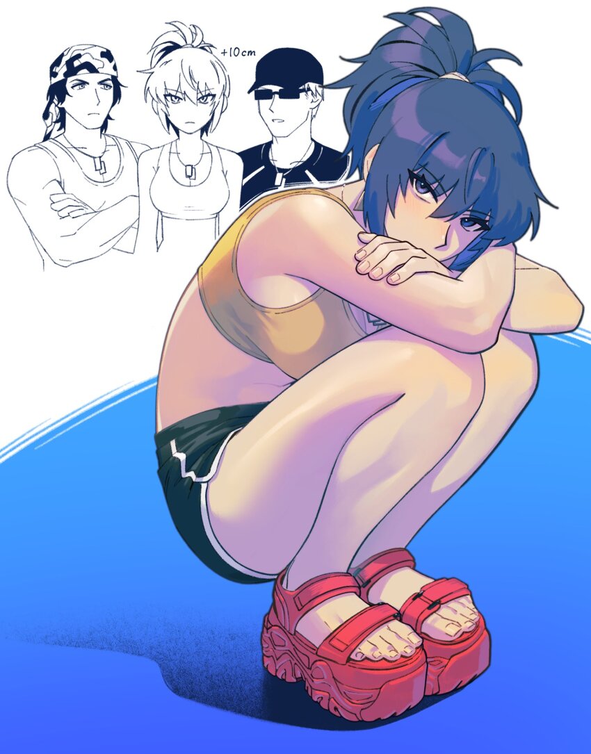 00a3af_231, 1girl, 2boys, bandana, bare_shoulders, baseball_cap, blue_eyes, blue_hair, clark_still, crossed_arms, dog_tags, earrings, hat, highres, jewelry, leona_heidern, mature_male, multiple_boys, platform_sandals, ponytail, ralf_jones, red_sandals, sandals, squatting, sunglasses, tank_top, the_king_of_fighters, yellow_tank_top